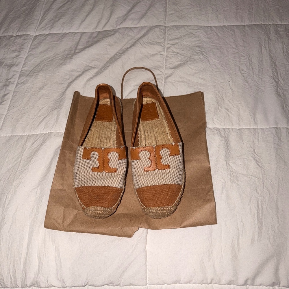 Tory Burch Tan and Brown Espadrille Flats